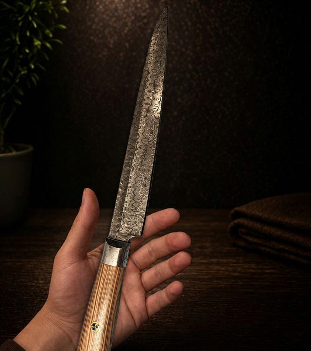 9.5-inch Kirisame Damascus Knife- Premium Wooden Handle | NAKT Blades